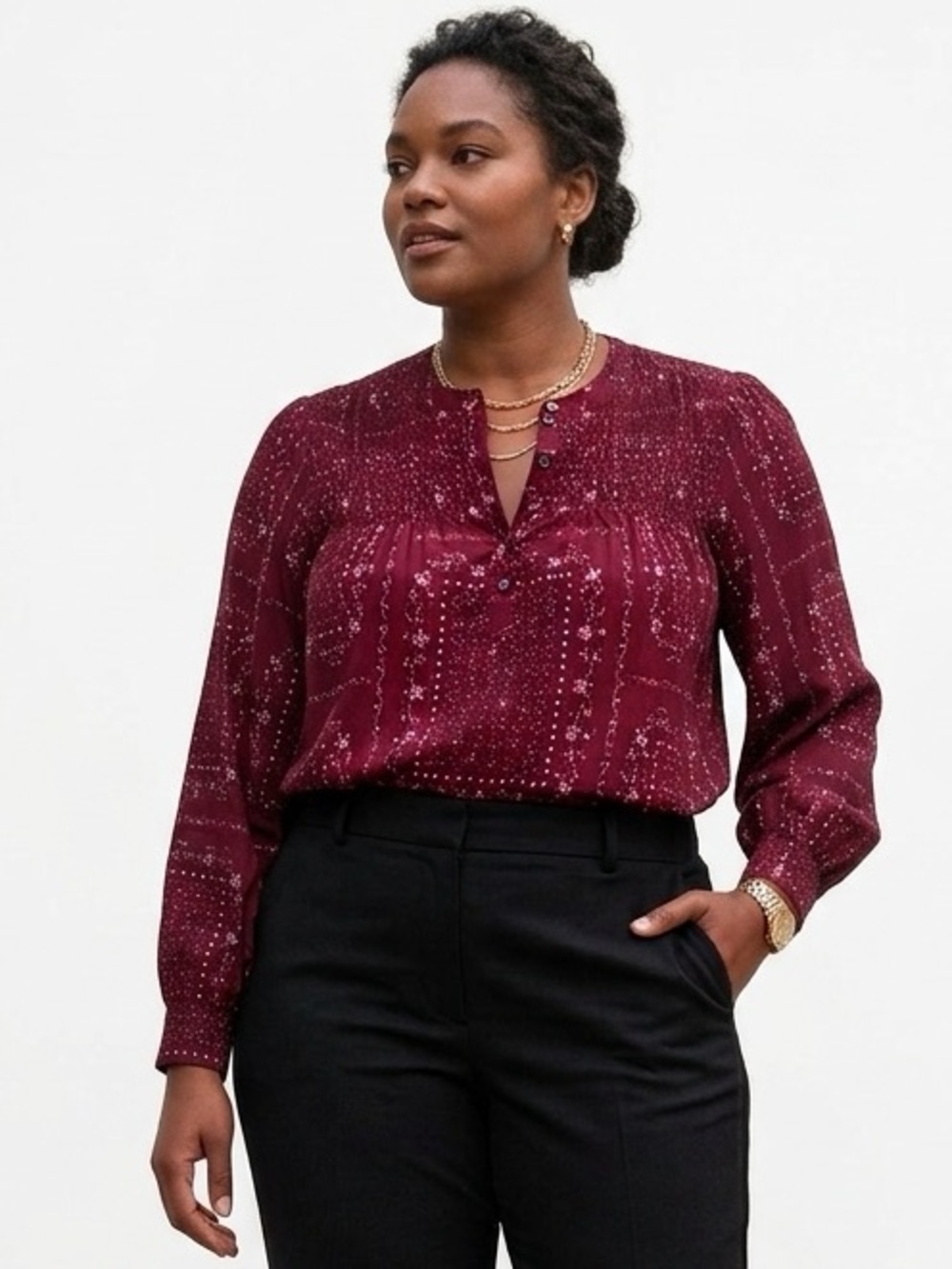 Smocked  Peasant Patchwork Print Blouse Top in Deep Red NWT
